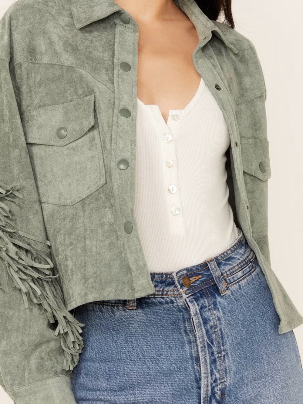 BLANKNYG - Free People - Fringe Jacket - Faux Suede - women’s sz L - Sage Green - Picture 4 of 11